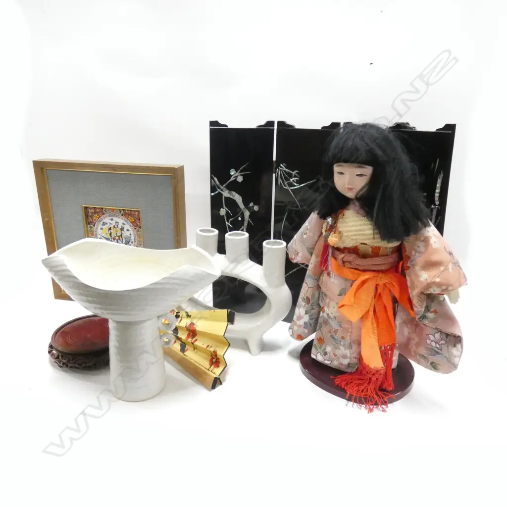 BOX LOT JAPANESE ITEMS; DOLL, CERAMICS ETC Image 1++