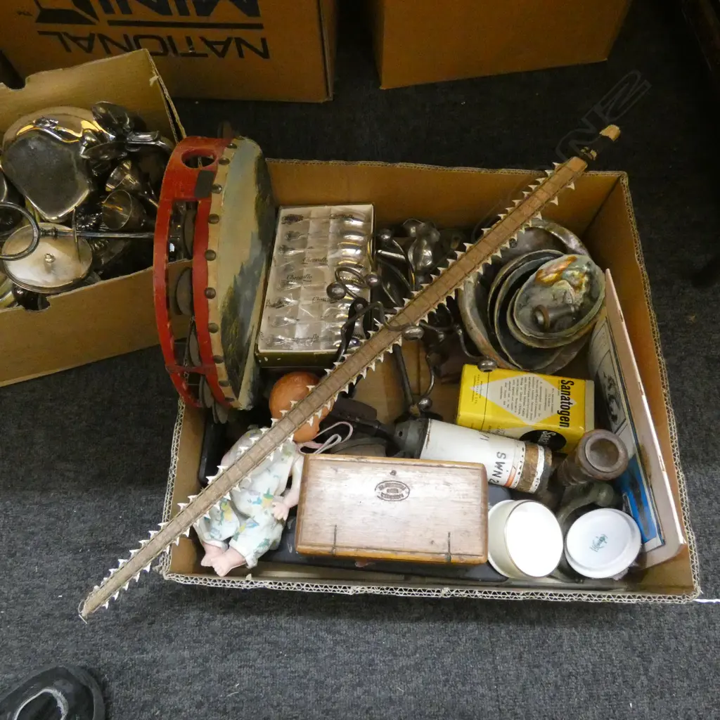 BOX LOT TAMBOURINE, PAUA, ETC  Image 1++