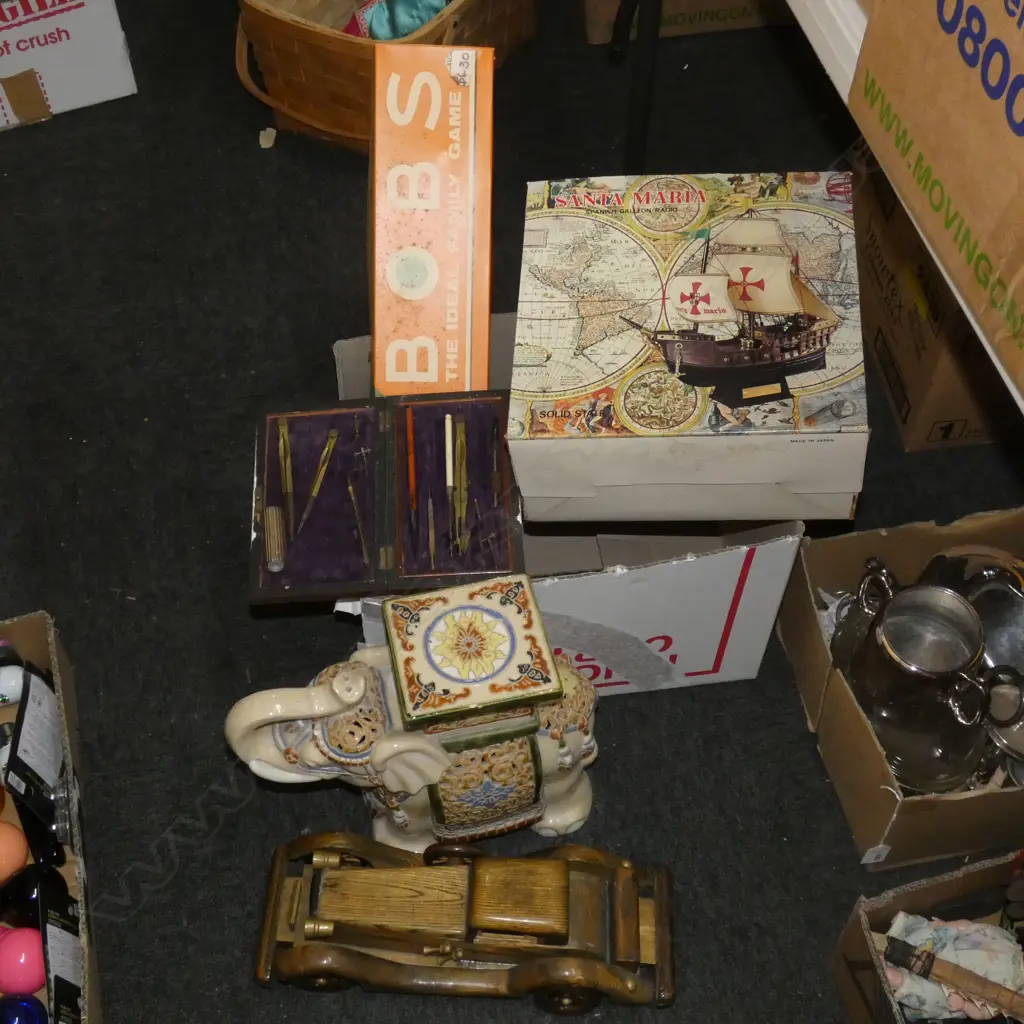 BOX LOT SANTA MARIA, WOODEN CAR, ELEPHANT ETC Image 1++