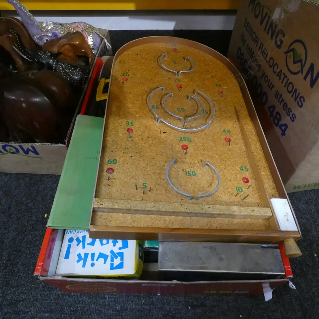 BOX LOT VINTAGE TOYS; PINBALL BOARD ETC Image 1++