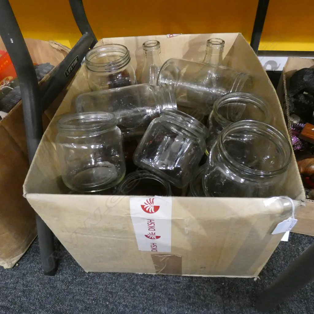 LG BOX LOT ASST OLD AMBER & CLEAR GLASS JARS & BOTTLES  Image 1++