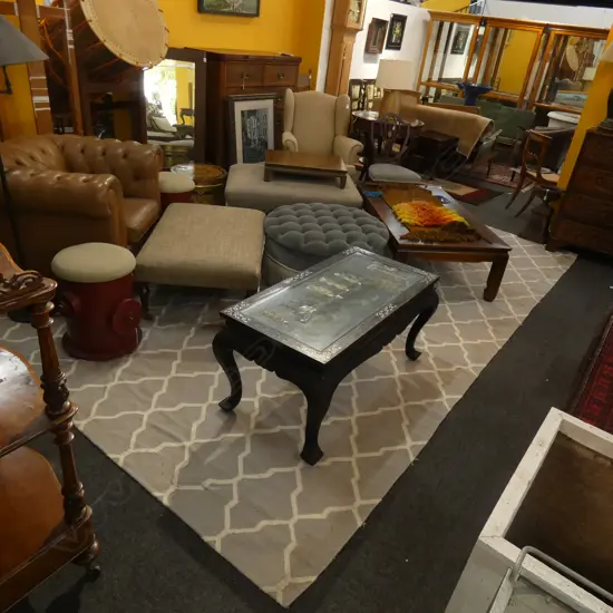 CONTEMPORARY GREY COTTON RUG, TRELLIS DESIGN...