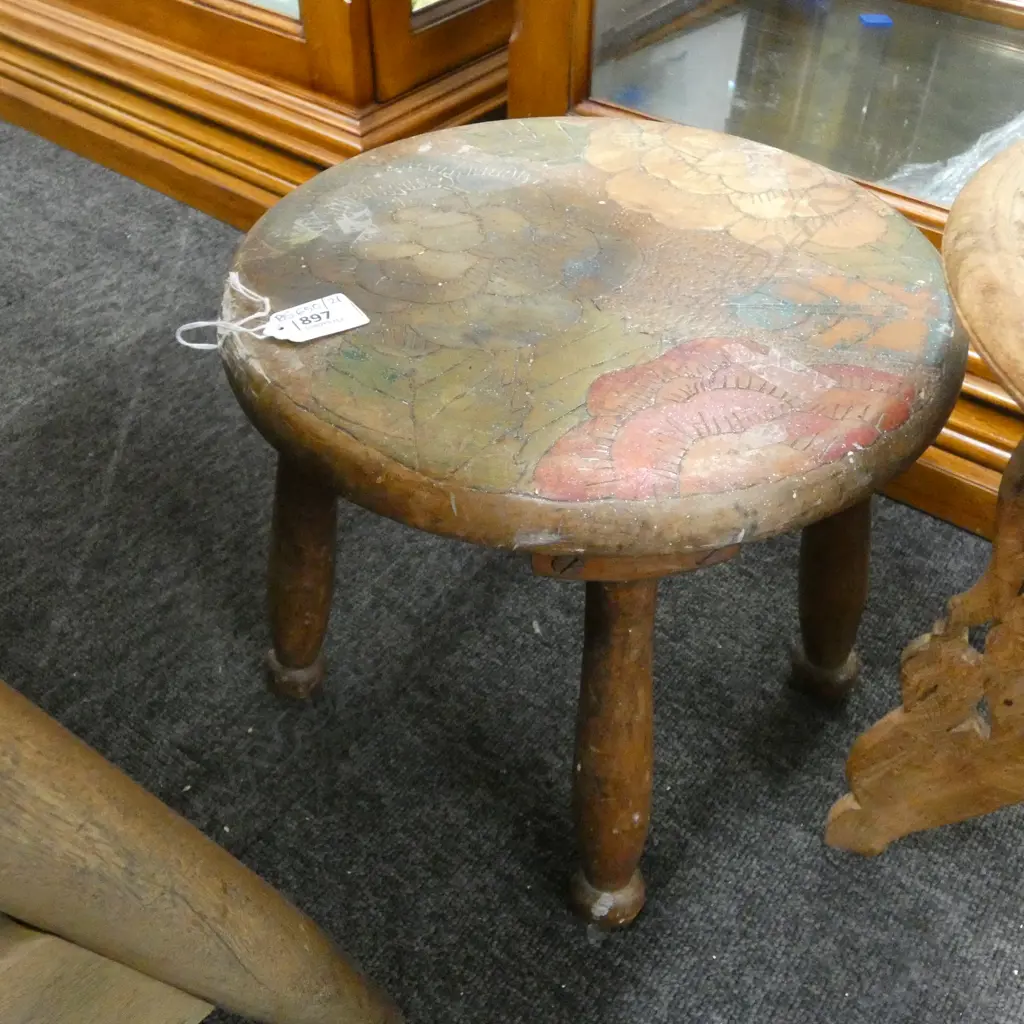 POKER WORK SMALL WOODEN STOOL 300mm dia Image 1++
