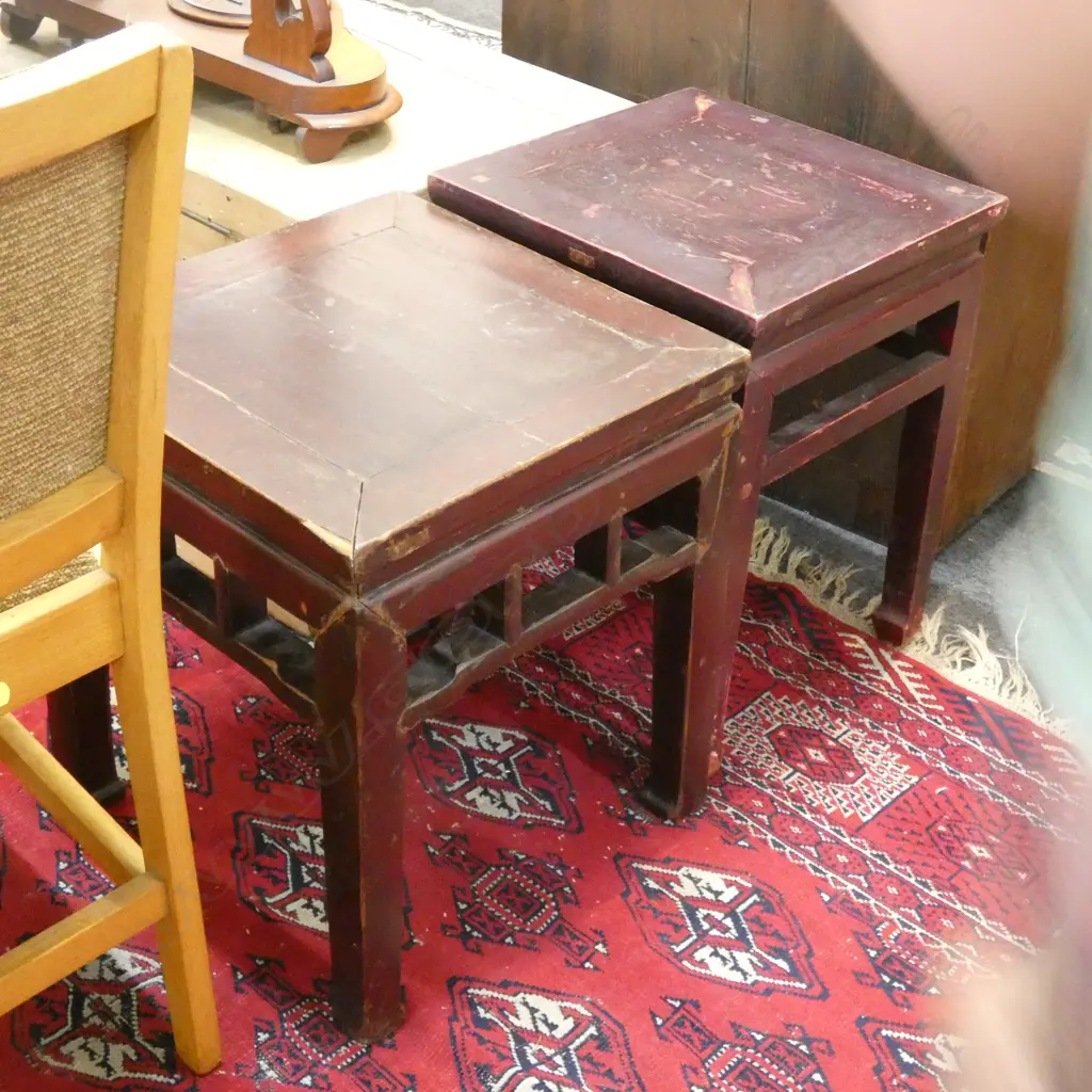 CHINESE PR RED LACQUER SQUARE SIDE TABLES Image 1++