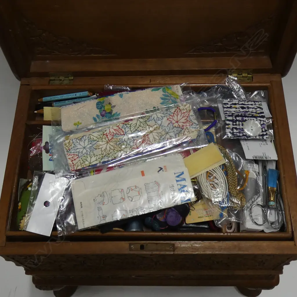CARVED WOODEN SEWING BOX & CONTENTS W.430mm Image 1++