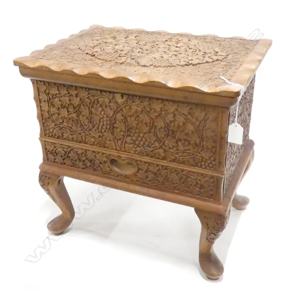 CARVED WOODEN SEWING BOX & CONTENTS W.430mm Image 1++
