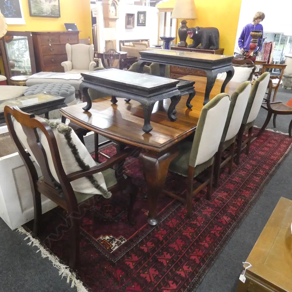 QUEEN ANNE STYLE DINING TABLE 1540x1080mm + 2 LEAVES & 8 CHAIRS IN GREEN VELVET (2 ARE CARVERS) Image 1++