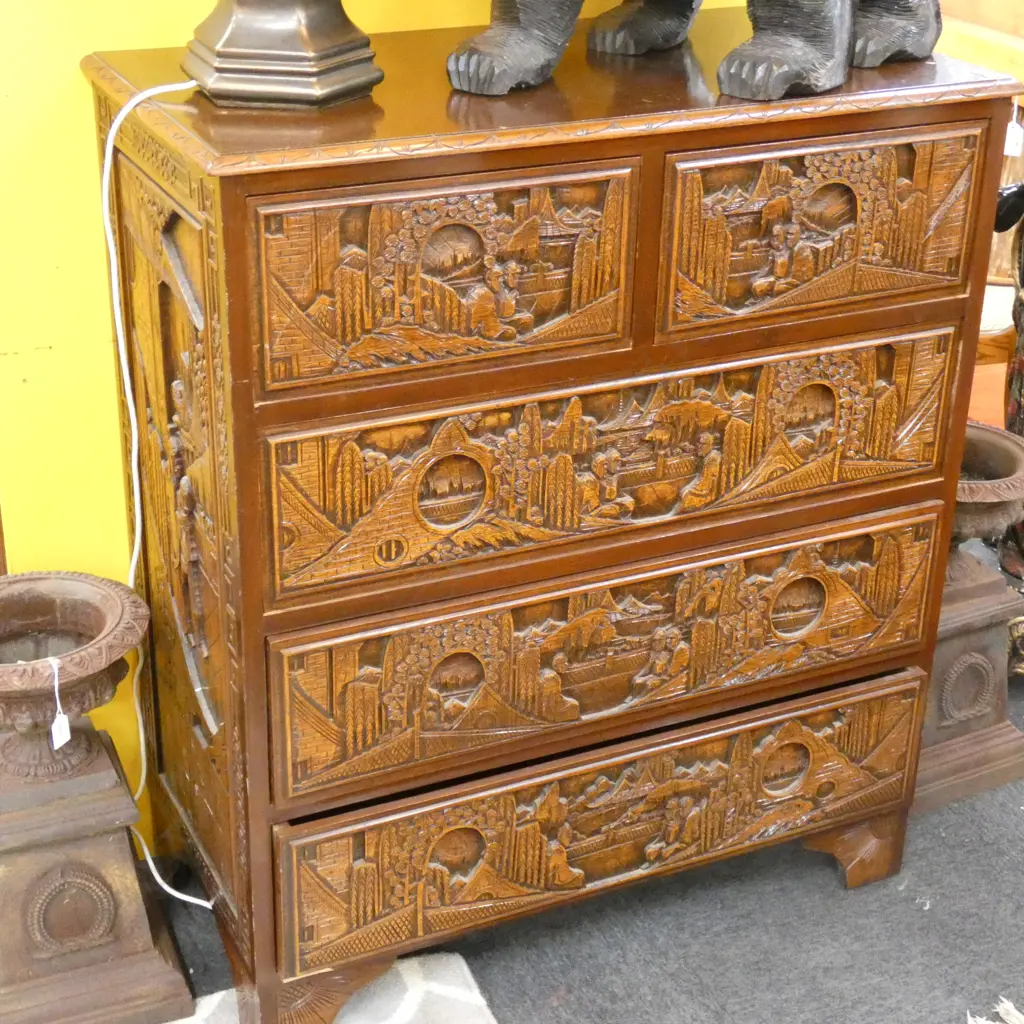 CHINESE ORNATELY CARVED 5 DRAWER CHEST... Image 1++