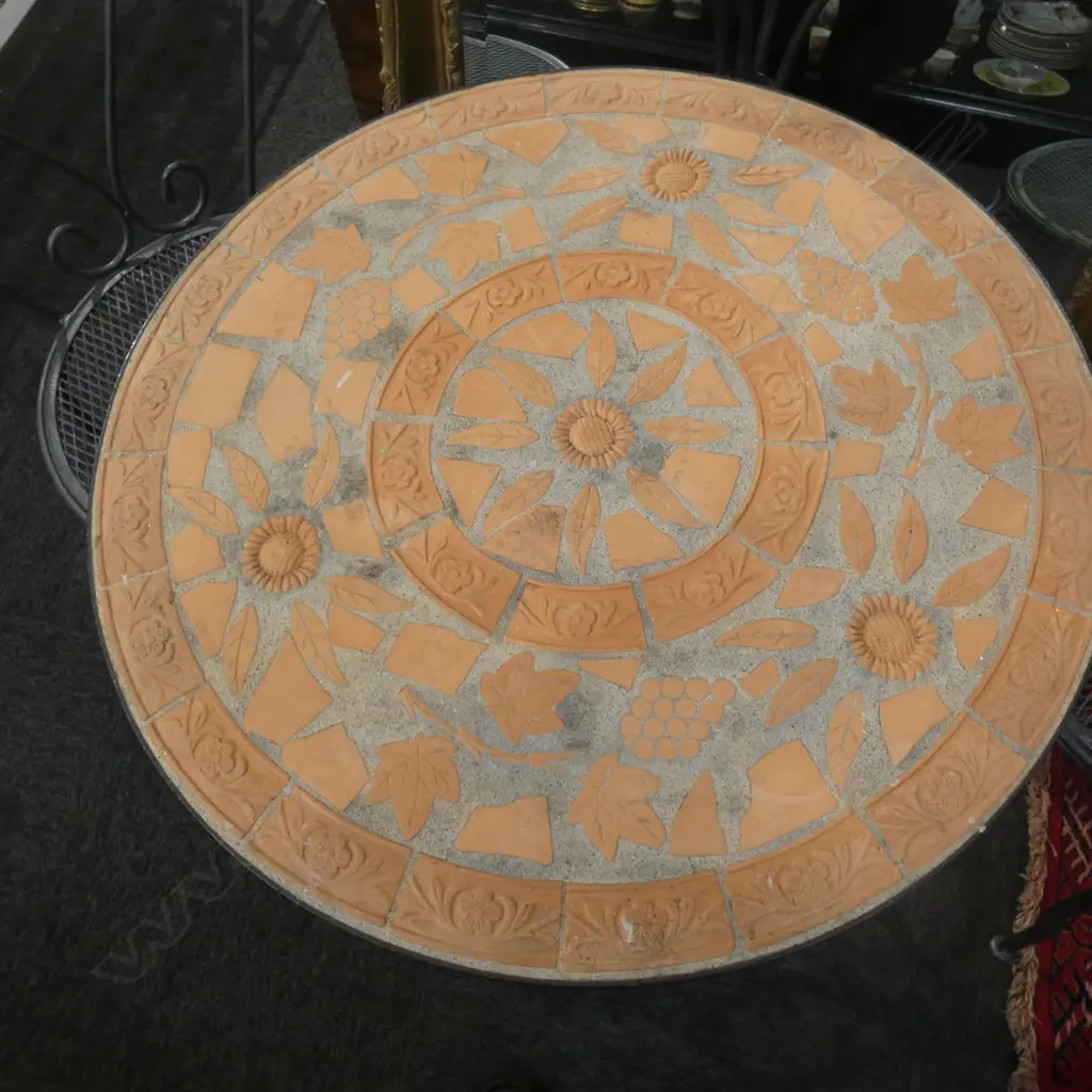 3 PCE METAL PATIO SET; 2 CHAIRS & TABLE w. TERRACOTTA MOSAIC Image 1++