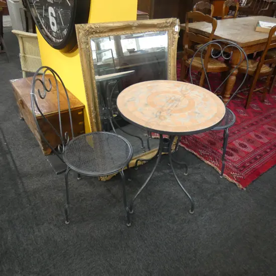 3 PCE METAL PATIO SET; 2 CHAIRS & TABLE w. TERRACOTTA MOSAIC