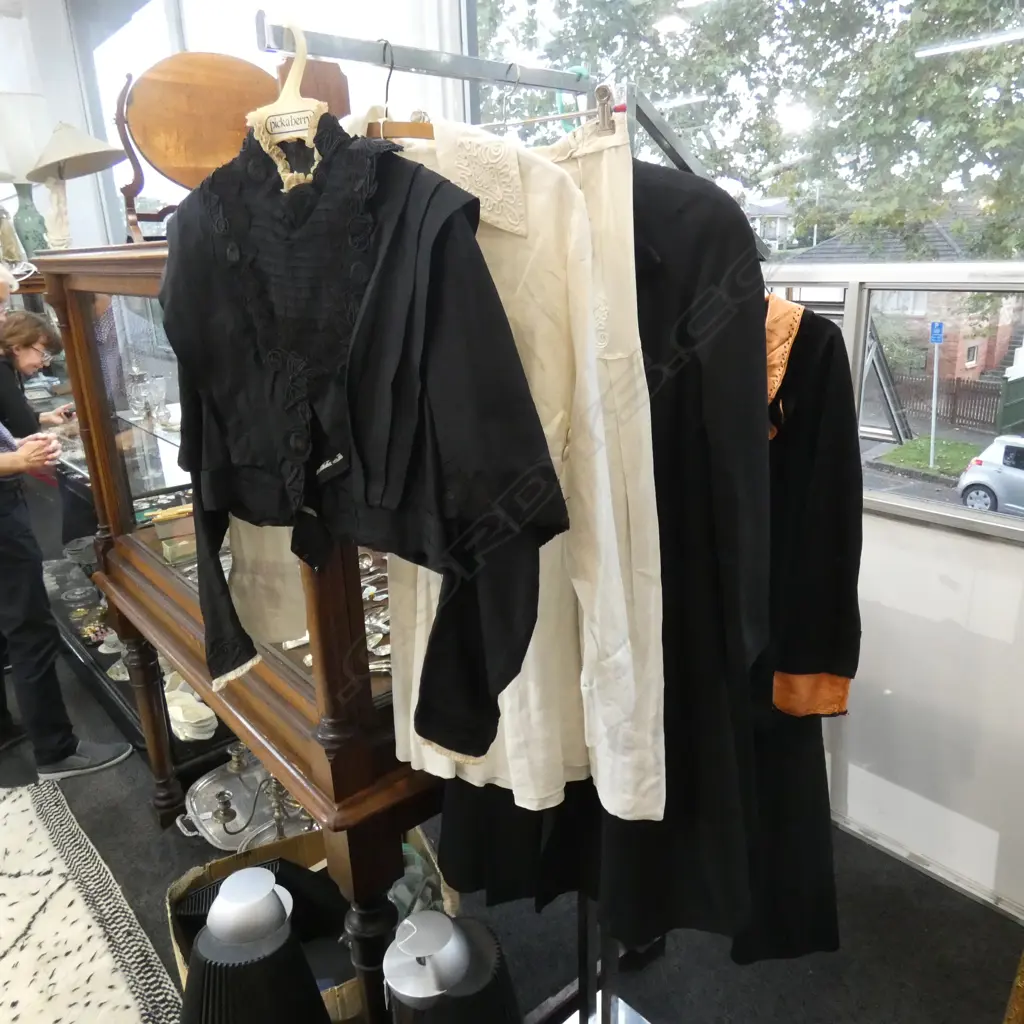 EDWARDIAN WHITE LINEN SUIT; SKIRT & JACKET + BLACK JACKET + 20S COAT & BLACK CAPE Image 1++