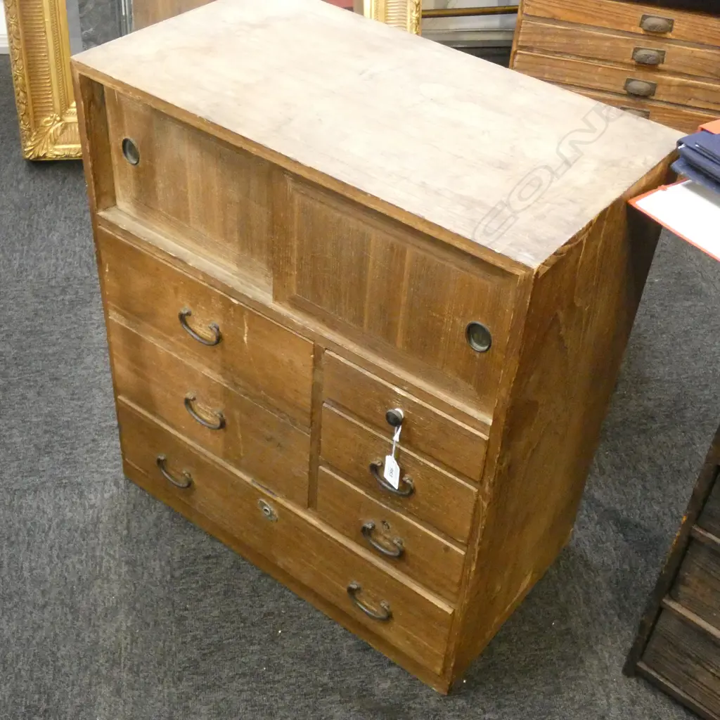 OLD JAPANESE WOODEN CABINET 6 DRAWER 2 DR 560x310x630mm Image 1++