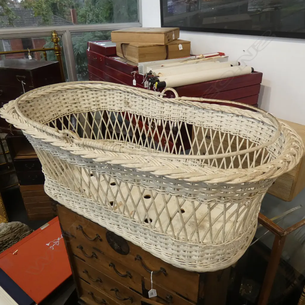 VINTAGE WHITE PAINTED CANE BASSINET  Image 1++