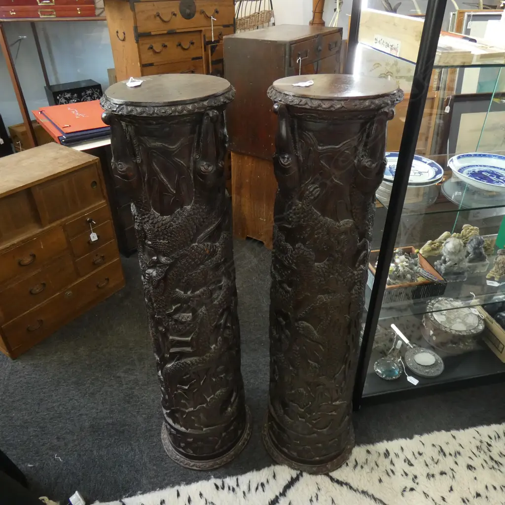 PR LG ORNATELY CARVED HARDWOOD PEDESTAL COLUMNS H.1070 DIA 290MM Image 1++