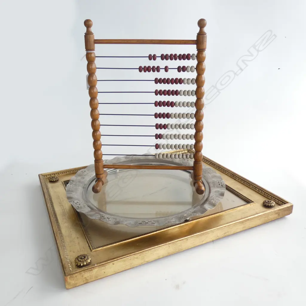WOODEN ABACUS H.350mm, EP TRAY 350mm dia & OLD GILT FRAME Image 1++