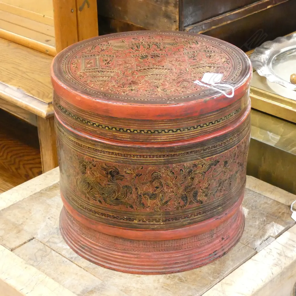 STACKING RED LACQUER ORIENTAL BOX 280mm dia H.260mm Image 1++