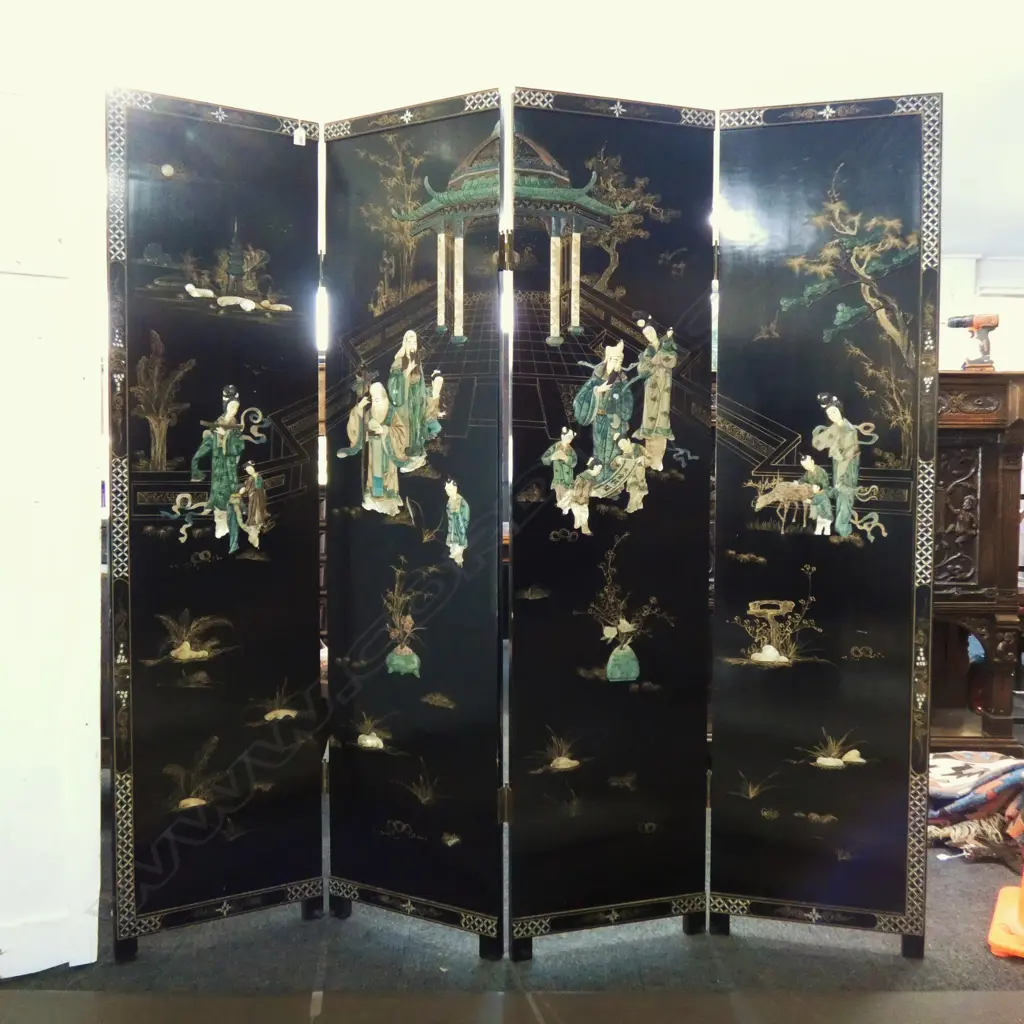 VINTAGE CHINESE BLACK LACQUER 4 PANEL SCREEN GILT PAINTED H.1820mm Image 1++