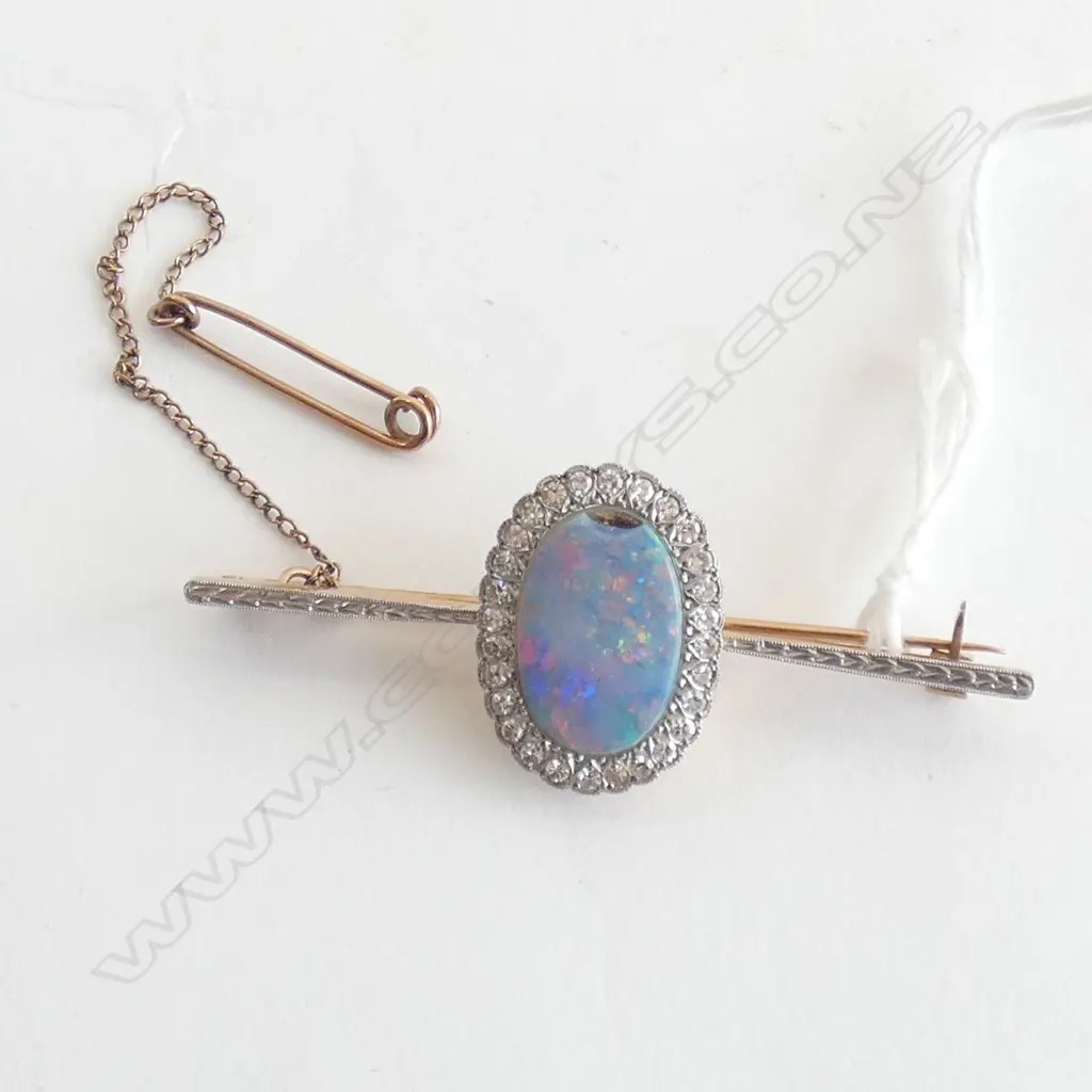 15 CT PLATINUM TOP OPAL & SINGLE CUT DIAMOND BROOCH AF 5 GRAMS Image 1++