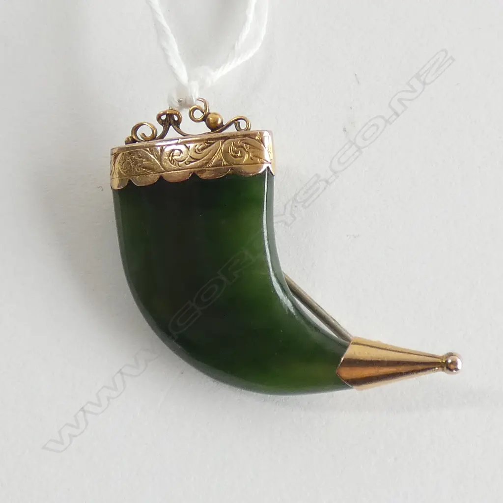 ANTIQUE 9CT & NEPHRITE CLAW BROOCH HARROP & NEIL Image 1++