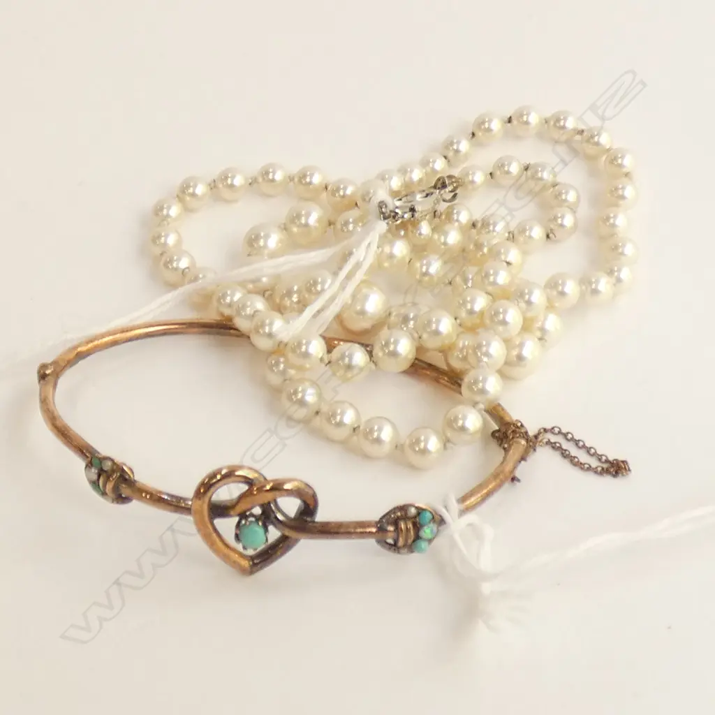 VINTAGE 9CT GOLD HEART BANGLE W STONES & FAUX PEARL NECKLACE STG CLASP Image 1++