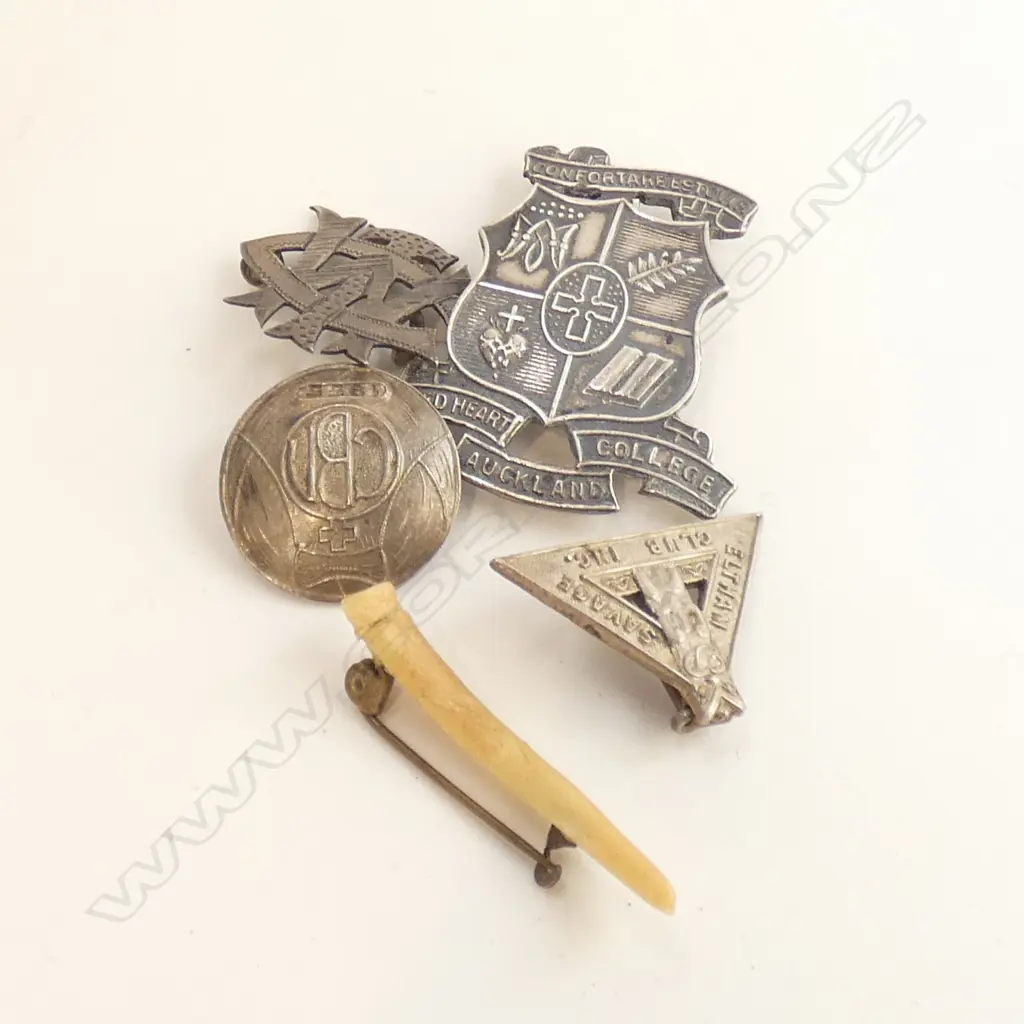 4 ASST OLD STG SILVER BADGES INC. SACRED HEART COLLEGE AUCKLAND TOTAL WGT 19.8GMS + OLD FAUX ANIMAL TOOTH PIN Image 1++