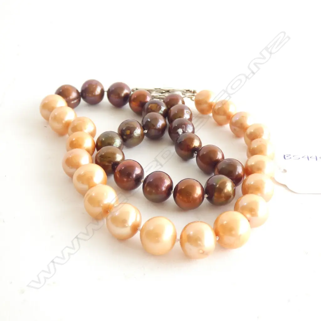 BRONZE-GOLD BI-COLOUR 10-13mm PEARL NECKLACE (SILVER RING AND BAR) Image 1++