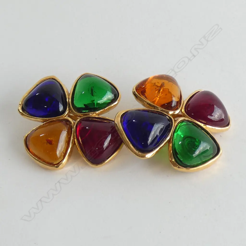 LG MALTESE CROSS STYLE CHANEL EARRINGS - GOLD METAL WITH COLOURED GLASS BEADS... Image 1++