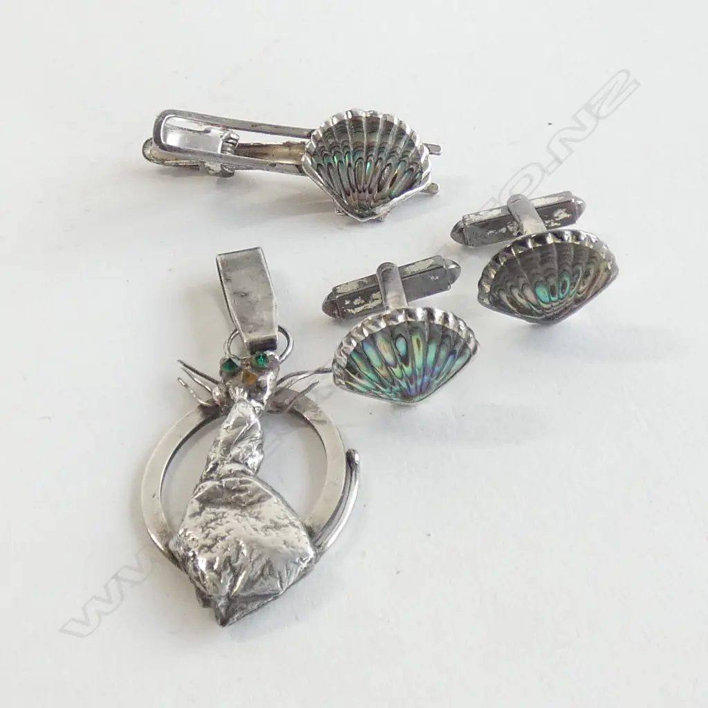 STG SILVER & NZ PAUA TIE PIN & CUFF LINKS SET + STG CAT BROOCH Image 1++