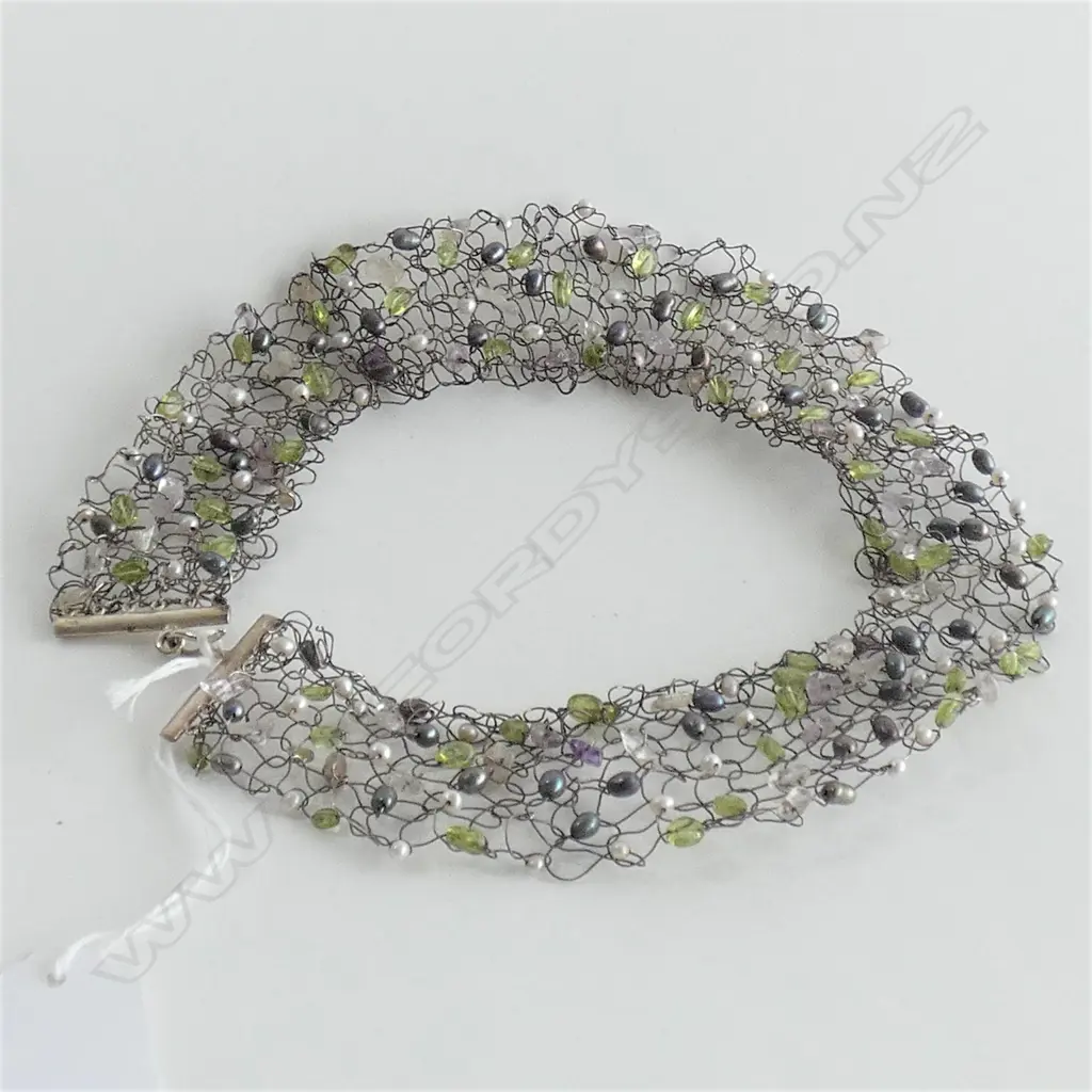 STG SILVER WOVEN WIRE COLLAR NECKLACE - GREY & WHITE PEARLS & STONES  Image 1++