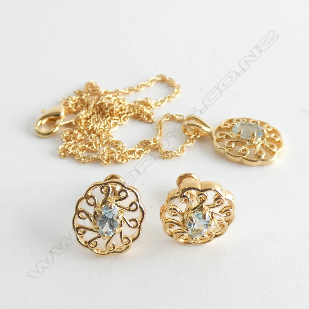 GOLD PLATED BLUE STONE PENDANT & EARRINGS  Image 1++