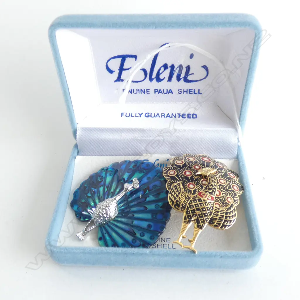 TWO PEACOCK BROOCHES; 1 PAUA SHELL & 1 ENAMEL  Image 1++