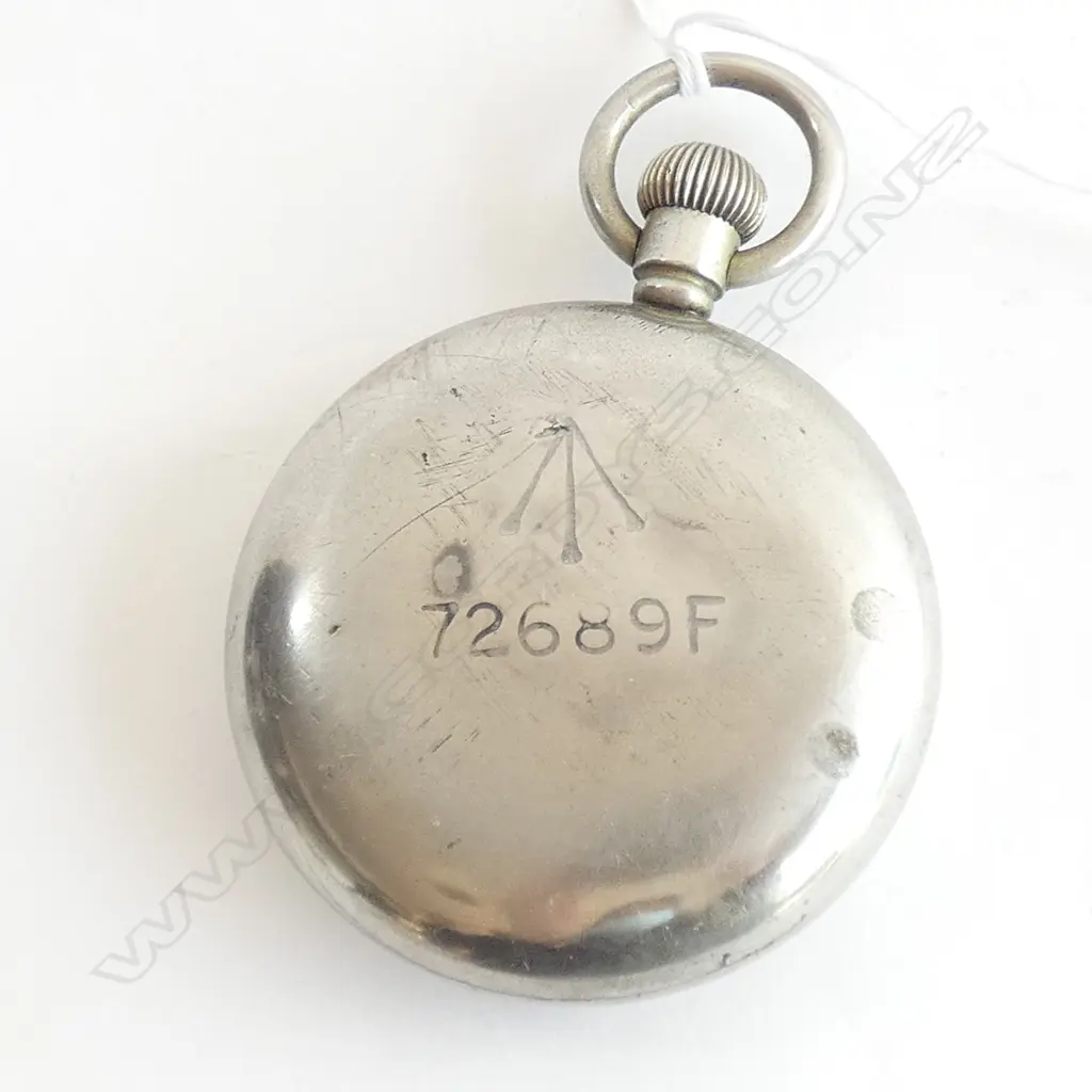 MILITARY POCKET WATCH w. BLACK DIAL, LUMINOUS NUMERALS, BROAD ARROW MARK  Image 1++