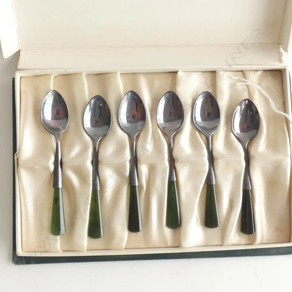 BOXED SET 6 STG SILVER & GREENSTONE COFFEE SPOONS  Image 1++
