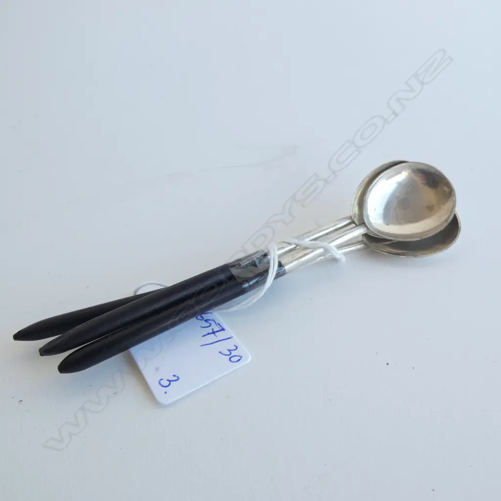 3 UNMARKED (STG SILVER?) & EBONY TEASPOONS Image 1++