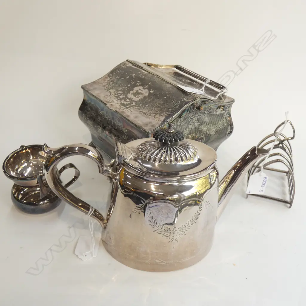 4 SILVER PLATE PCS; TOAST RACK / 2 COMPARTMENT CADDY / TEAPOT & STRAINER Image 1++