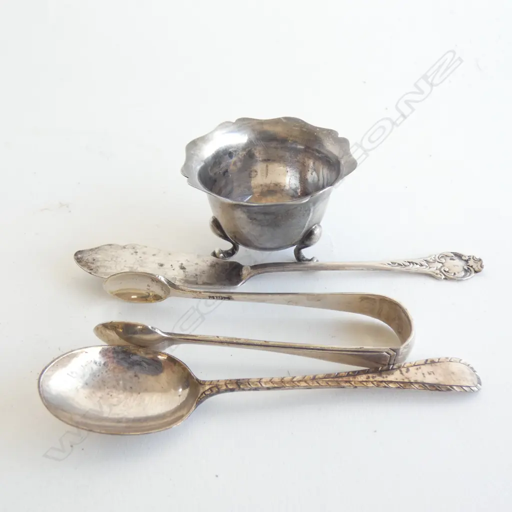 STG SILVER TONGS / BUTTER KNIFE / SPOON & MUSTARD POT - TOTAL WGT 52GMS Image 1++