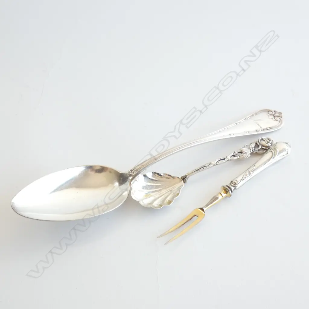 800 SILVER; SERVING SPOON / COCKTAIL FORK & SUGAR SPOON  Image 1++