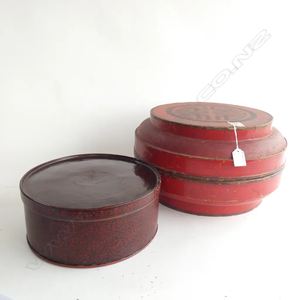 2 ORIENTAL ROUND LACQUER BOXES - LARGEST 390MM Image 1++