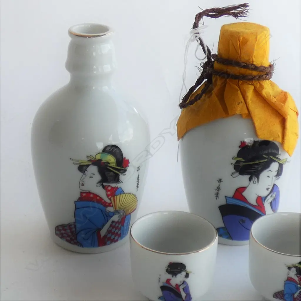 PR JAPANESE SAKE BOTTLES WITH CUPS -  H 133MM INCISED MARKS TO BASES  Image 1++