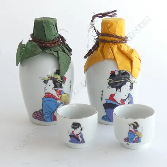 PR JAPANESE SAKE BOTTLES WITH CUPS -  H 133MM INCISED MARKS TO BASES 