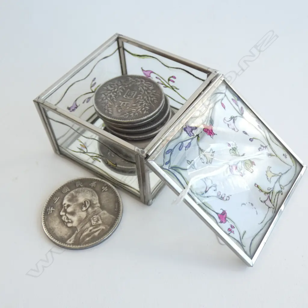 8 CHINESE SILVER COINS IN GLASS BOX  Image 1++