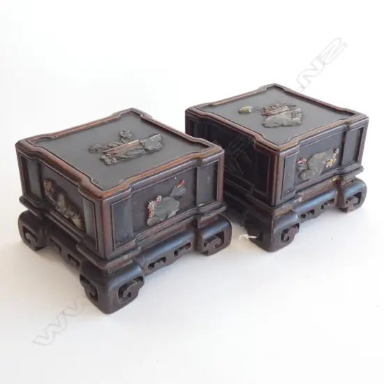 PR CHINESE BLACK LACQUER & ROSEWOOD BOXES 130mm sq