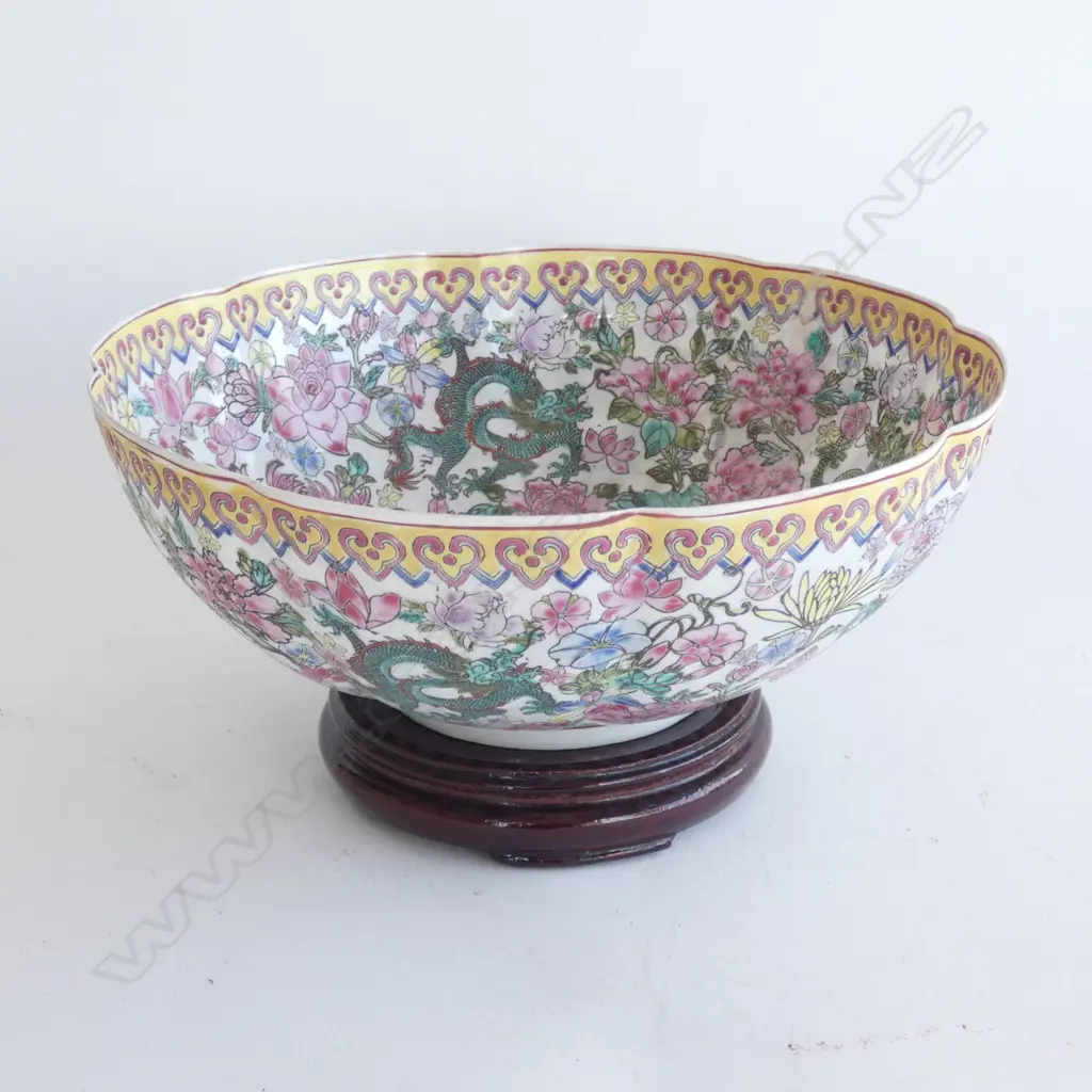 CHINESE EGGSHELL PORCELAIN FAMILLE ROSE BOWL 250mm dia (AF) w. STAND, BOXED Image 1++