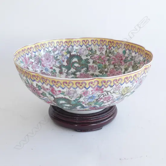 CHINESE EGGSHELL PORCELAIN FAMILLE ROSE BOWL 250mm dia (AF) w. STAND, BOXED
