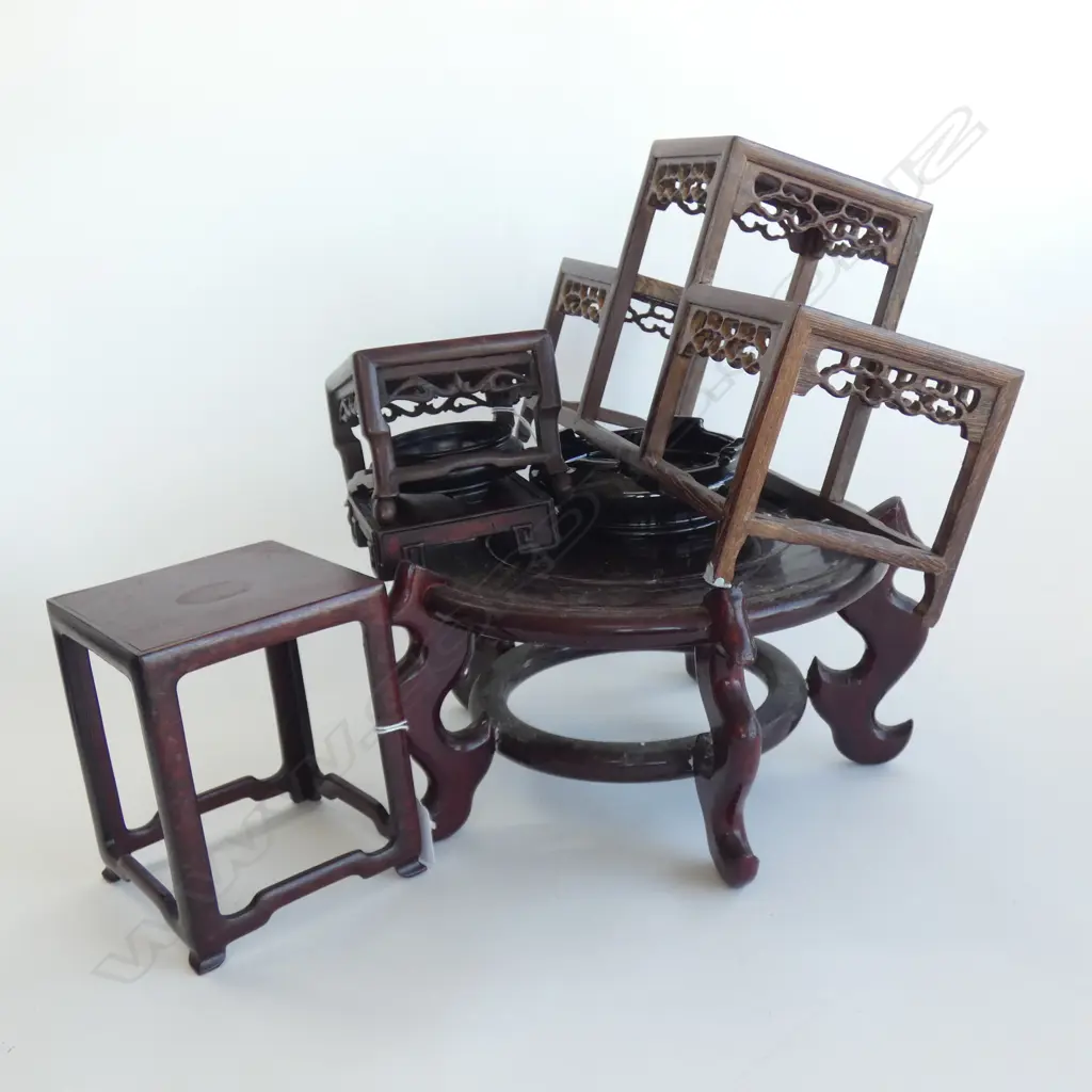 6 ASST ORIENTAL WOODEN STANDS (LARGEST DIA 280MM) & 1 PORCELAIN STAND (DIA 125MM) Image 1++