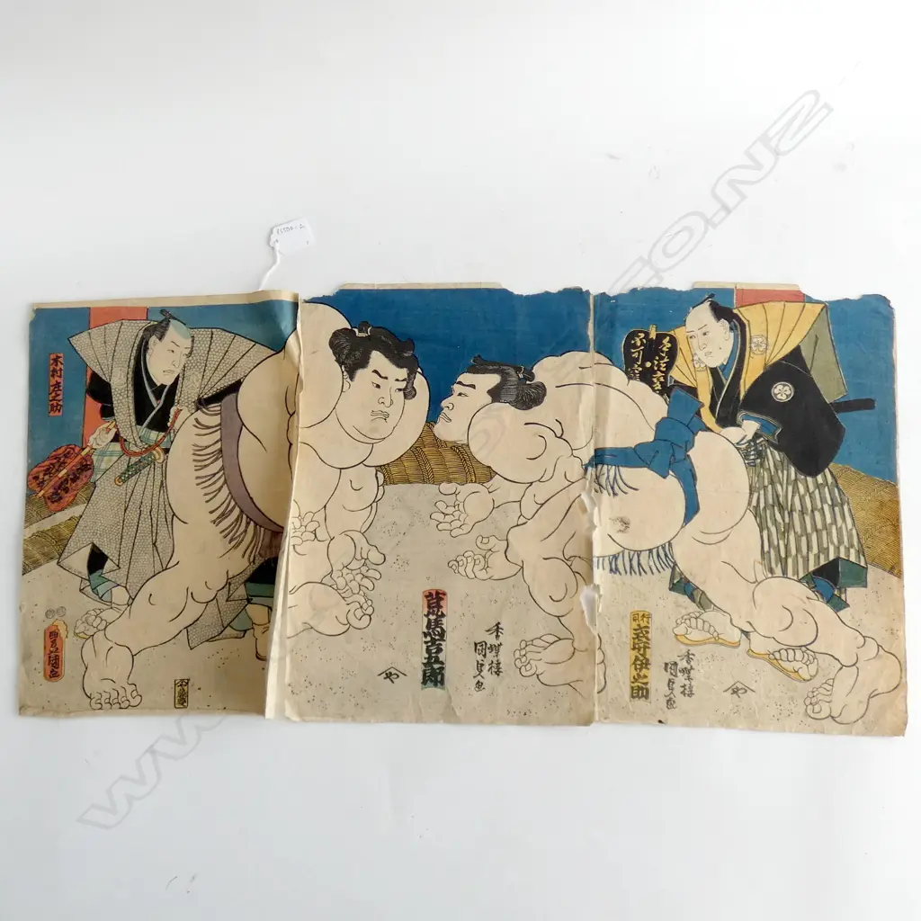 TOYOKUNI III (UTAGAWA KUNISADA) TRIPTYCH WOODBLOCK OF SUMŌ WRESTLERS Image 1++