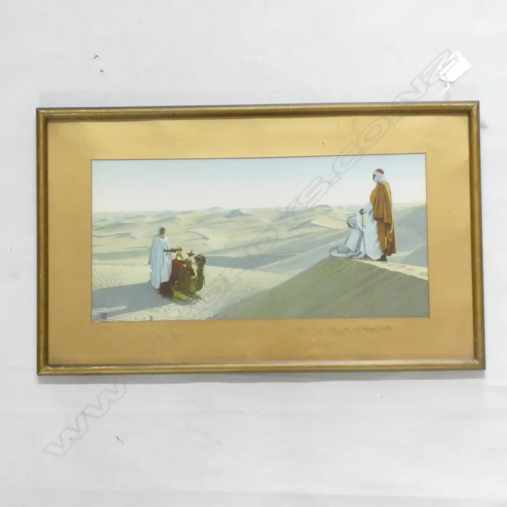 DESERT SCENES CHROMOLITHO BY LEHNERT ET LANDROCK, BEDOUIN & CAMEL. GILT FRAMED. 500 x 300mm OVERALL. Image 1++