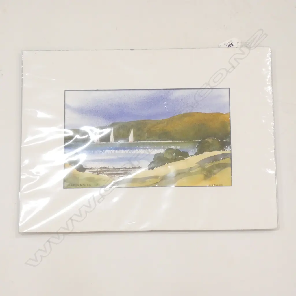 C. LAWRIE, WATERCOLOUR, URUPUKAPUKA BAY WITH YACHTS, MOUNTED UNFRAMED. 160 x 270mm IMAGE Image 1++