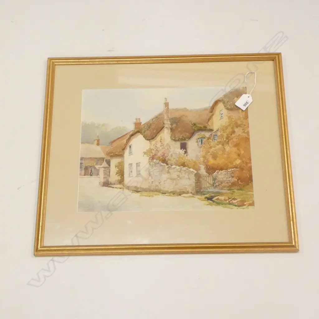 CHARLES HENRY HOWORTH (1856-1945) WATERCOLOUR SIGNED, LAKE DISTRICT THATCHED COTTAGES. 265 X 340mm Image 1++