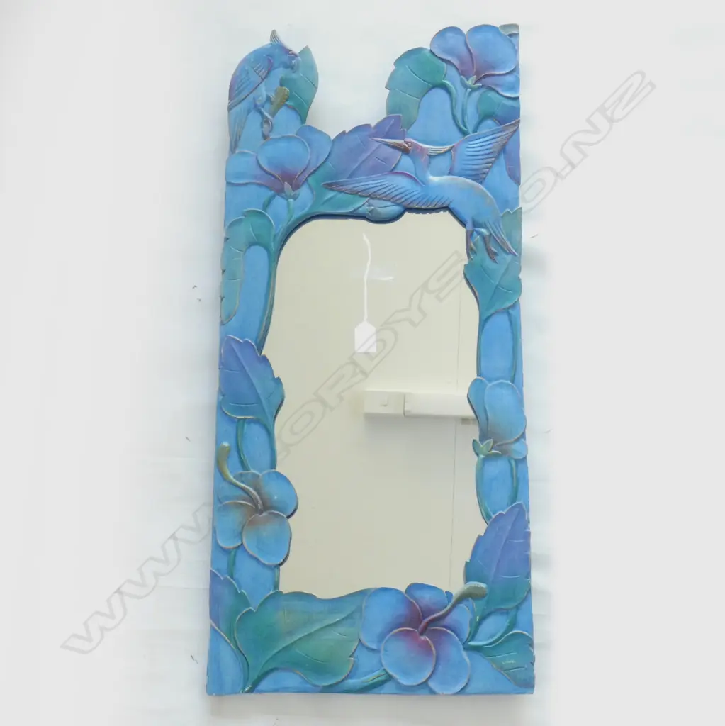 MIRROR w. BLUE CARVED WOODEN FRAME 805x355mm Image 1++